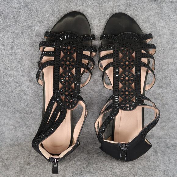 Dress Sandals Womens 9 Shoes Wedge Heel Zip Open Toe Strappy Black Classic - Picture 7 of 11